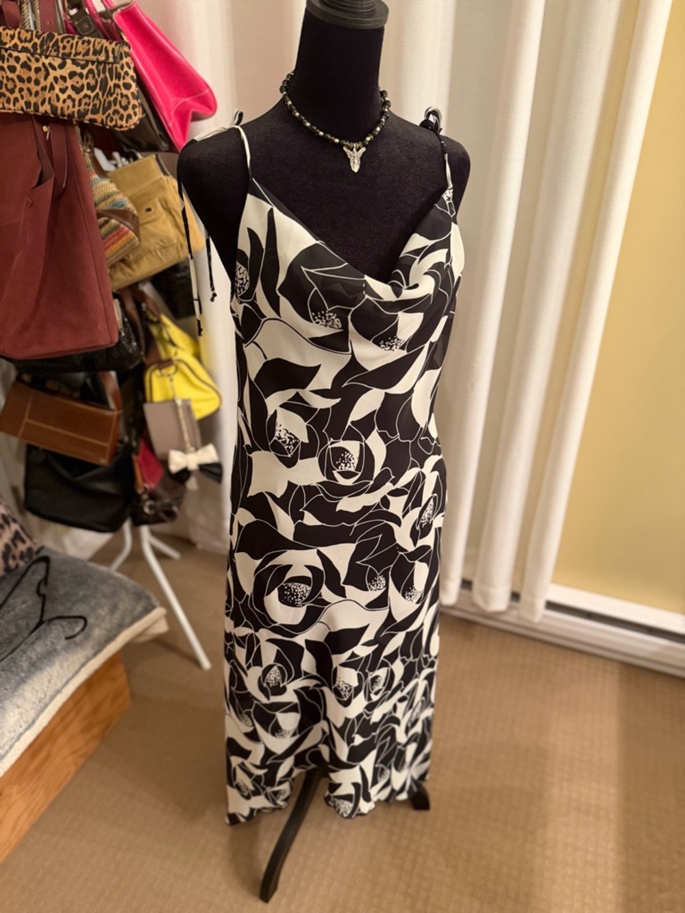 Vintage Black & White Floral Slip Midi Dress